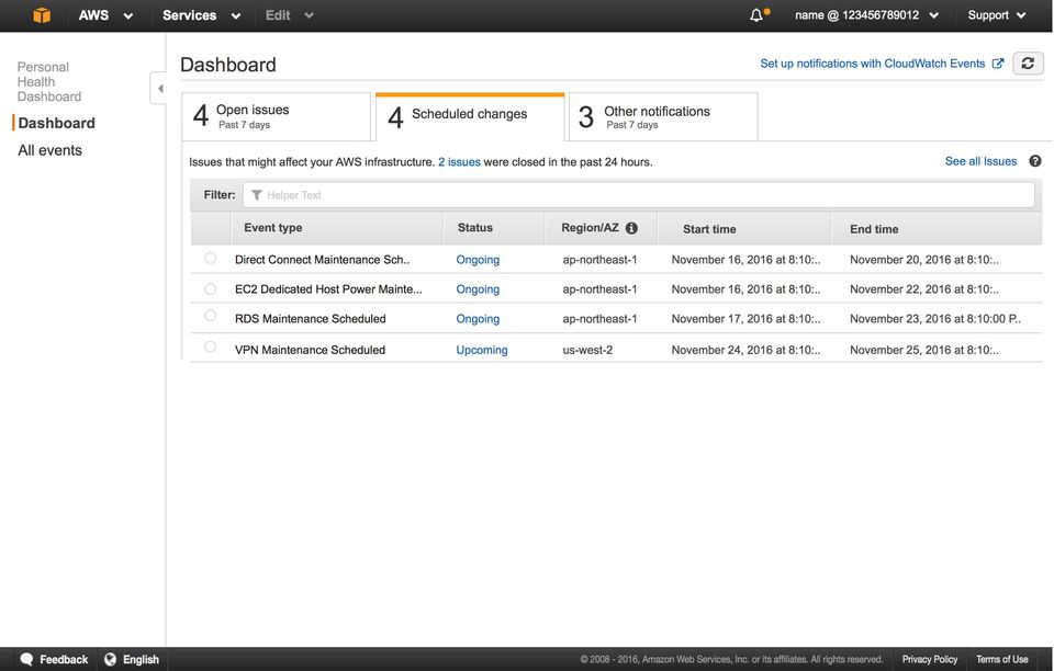 AWS Personal Health Dashboard Screenshot 1