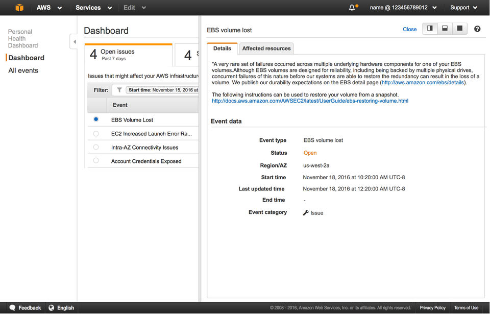 AWS Personal Health Dashboard Screenshot 2